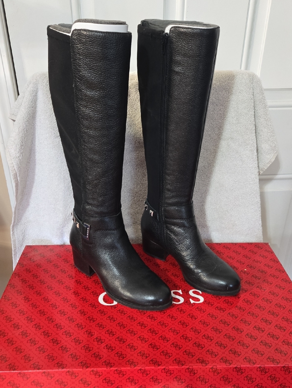 Guess Black Leather Knee-High Boots with Buckle Accent